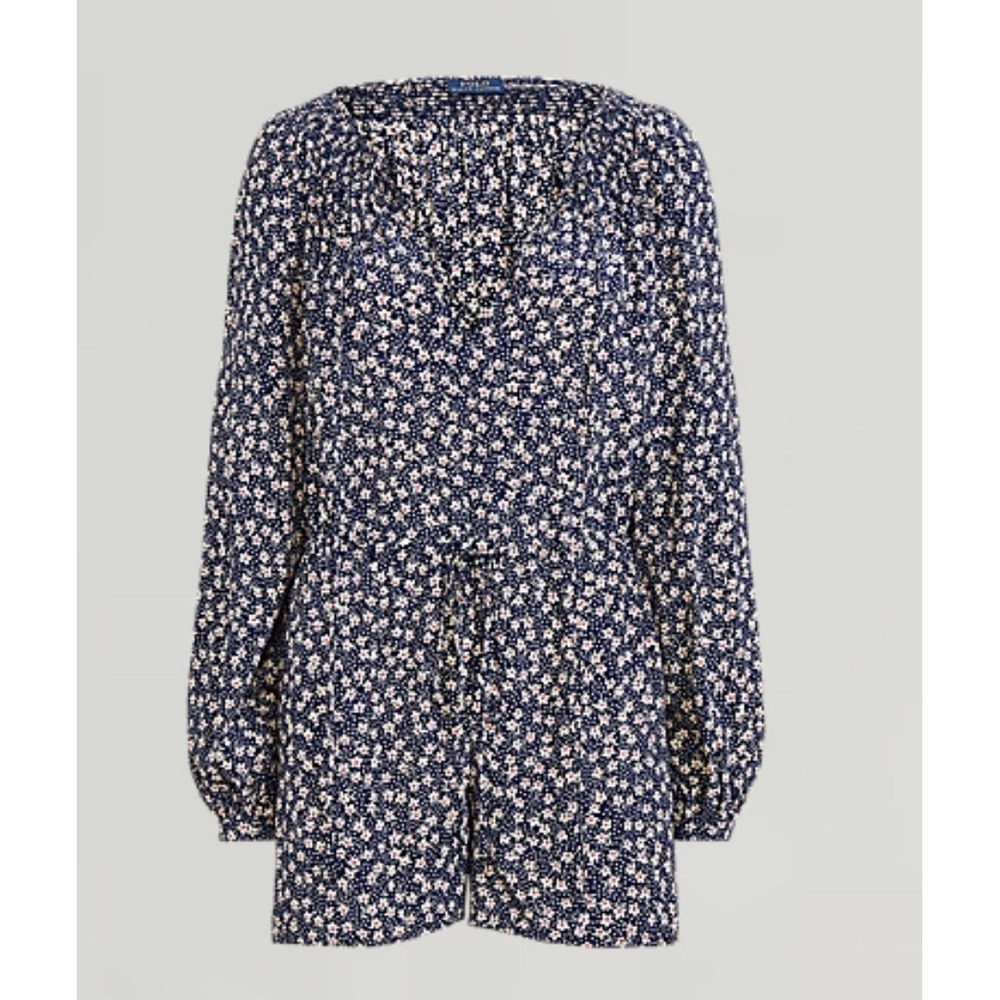Polo Ralph Lauren Floral Long Sleeve Romper Navy Blue Smocked V-Neck Size 4 - Picture 2 of 5